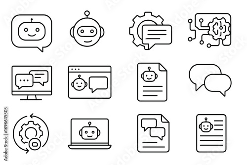 Technology, robotics linear icon set. ai, chatbot, automation symbols line illustrations