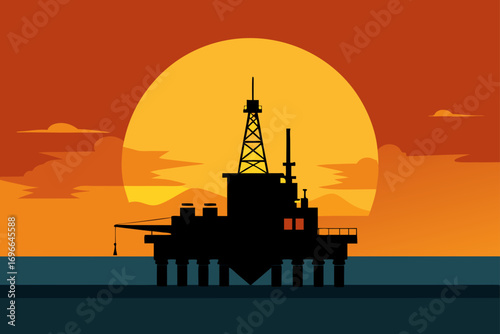 Silhouette of oil rig at sunset on ocean platform