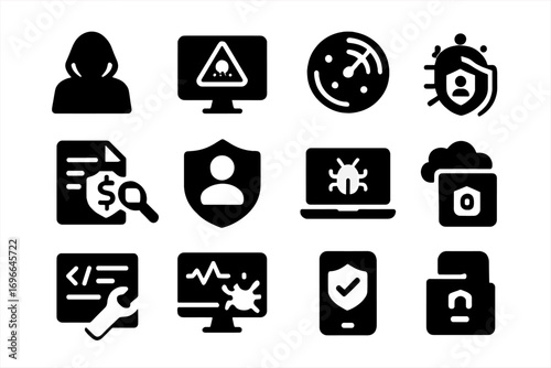 Cybersecurity silhouette icon set. protect data, threat detection, antivirus icons