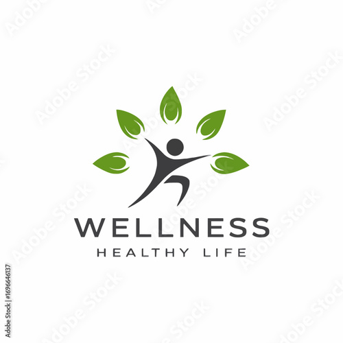 Wellness and Healthy Life Logo with Human Figure and Leaves