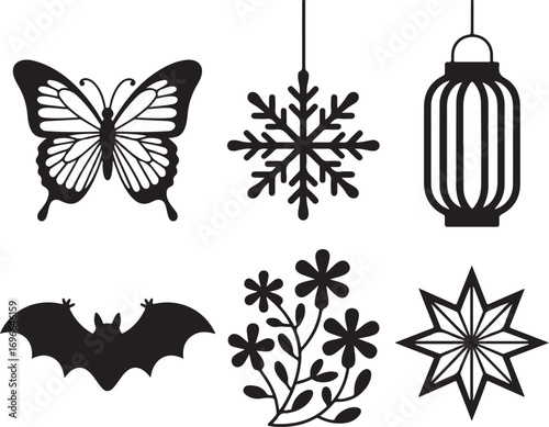 Elegant silhouettes: butterfly, snowflake, lantern, bat, flowers, star