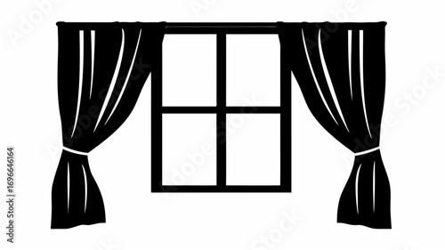 Illustration of a window with four panes and black curtains pulled back on either side in silhouette