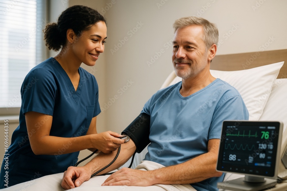 Obraz premium Smiling nurse measuring blood pressure of male patient in hospital bed with medical monitor in clinical background setting during checkup procedure. Ai generative