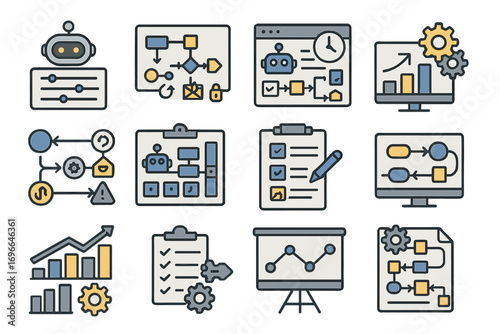 Business, planning outline icon set. workflow, strategy icons outline collection