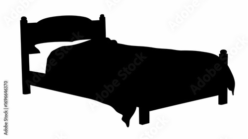 Silhouette of a bed with a headboard and footboard and a pillow and blanket on a white background