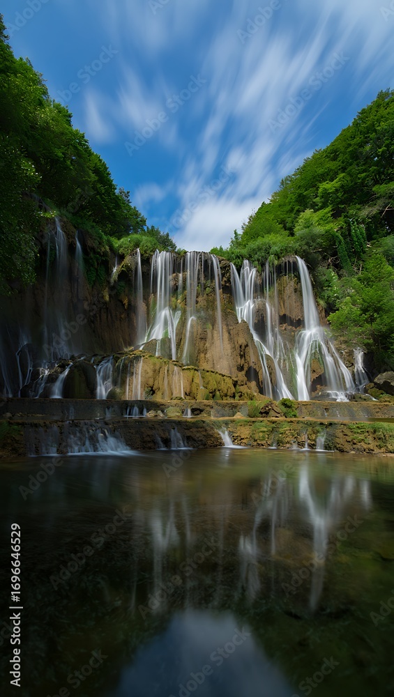 Obraz premium Cascading Waterfall with Lush Greenery and Reflection in Clear Water