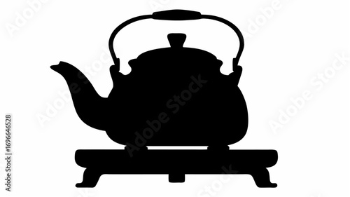 Silhouette of a vintage teapot with a curved handle and spout sitting on a stand with short legs