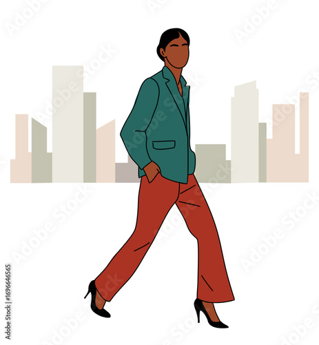 Black business woman in smart casual outfit walking side view, minimalist urban cityscape background, colored outline hand-drawn vector illustration, isolated, modern professional style.