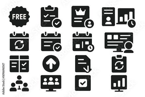 Business and finance solid icon set. essential office task management icons