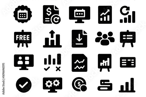 Business analytics silhouette icon set. charts, graphs, financial icons collection