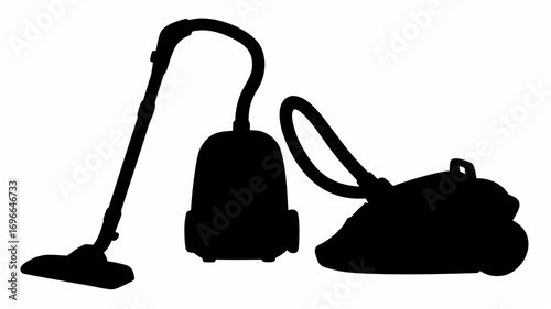 Silhouette depiction of an upright vacuum cleaner and a canister vacuum cleaner side by side on white background