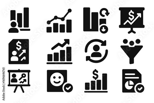 Business and finance solid icon set. analytics, graphs, and reports solid collection