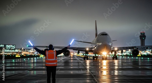 A ground crew member guides a large passenger plane with lit wands at night on a wet runway, airport lights gleaming in background