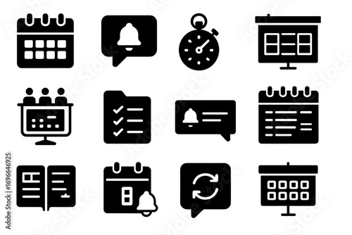 Calendar, event solid icon set. plan, schedule, reminder, date icons solid collection