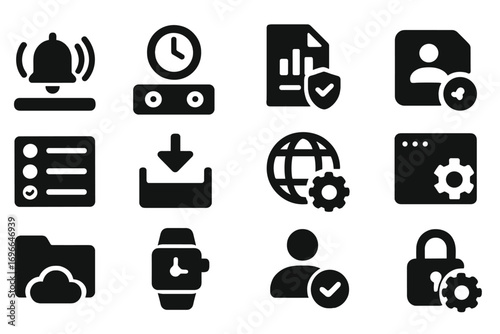 Technology solid icon set for devices, security, and file management solutions