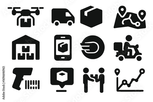 Logistics and delivery silhouette icon set. transport, shipping, navigation icons collection