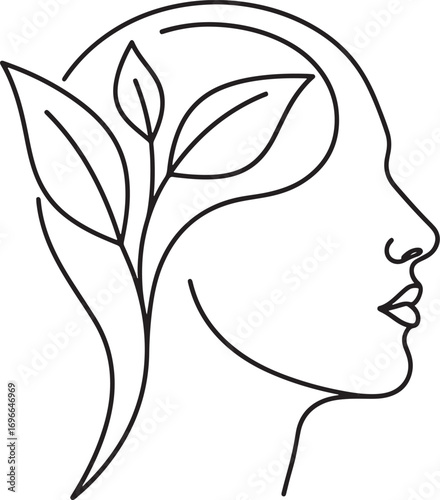 Minimalist line art of human head with leaves growing inside symbolizing growth and nature