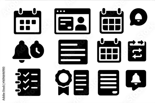 Calendar and reminder solid icon set for productivity and time management