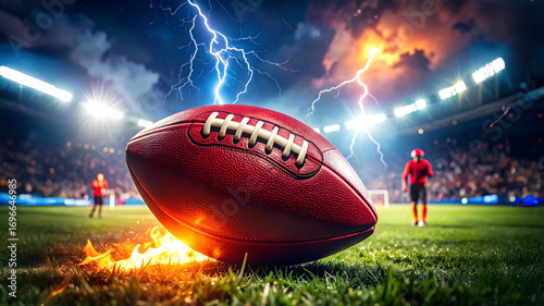 Touchdown AMerican Football hit by Lightning in Gigantic Stadium setting the Football on Fire.jpg