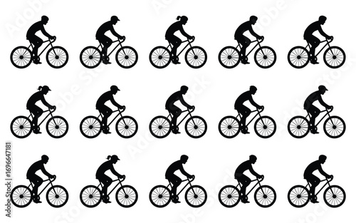 Vector art of seamless pattern of cyclist silhouettes a dynamic and repetitive design featuring cyclists in motion, perfect for sportsthemed backgrounds