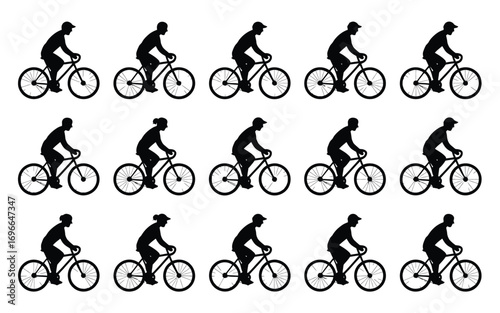 Vector art of silhouettes of people riding bicycles collection of cyclists pedaling on bikes, showcasing various riding positions and styles