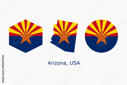 Arizona flag set. Arizona USA flag  vector. Arizona flag map, hexagon, circle flag USA