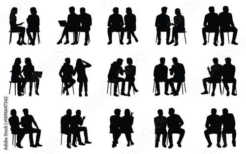 Vector art of silhouette of people sitting and talking black shapes of men and women in conversation, discussing ideas and sharing information