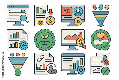 Business and finance icon set. analytics, marketing, seo icons outline collection