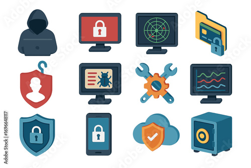 Cybersecurity and data protection icon set. security, privacy icons in flat style