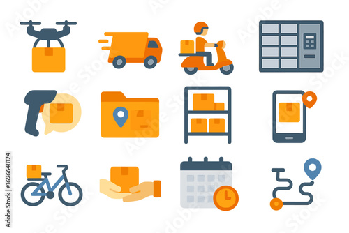 Delivery and logistics flat icon set. shipping, package, transport graphics collection