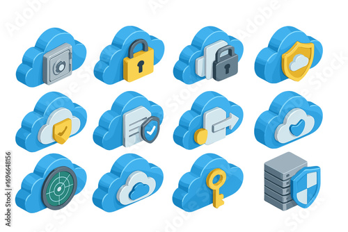 Cloud security 3d icon set. data protection, cyber safety, privacy 3d icons collection