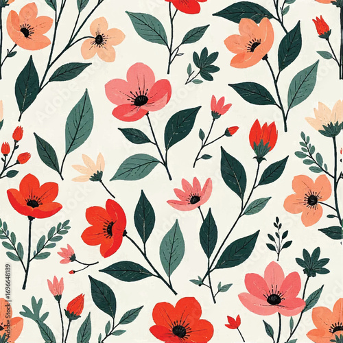 Seamless floral pattern, fabric style, hand-drawn background design 