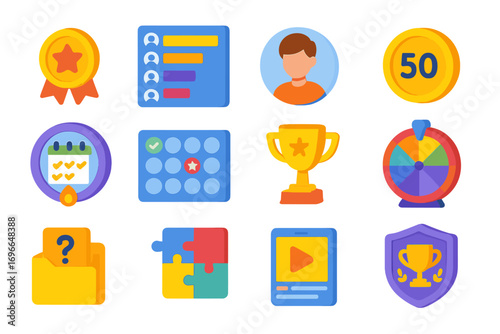 Game, achievement, reward icon set. colorful, fun 3d icons for gamification projects