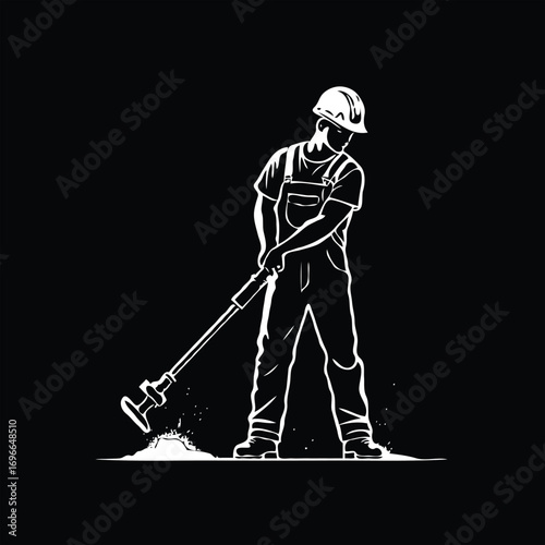 Silhouette line art of a construction worker operating a jackhammer, black and white vector
