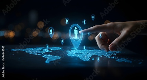 Global Network Connection: Human Icons on Digital World Map with Finger Interaction