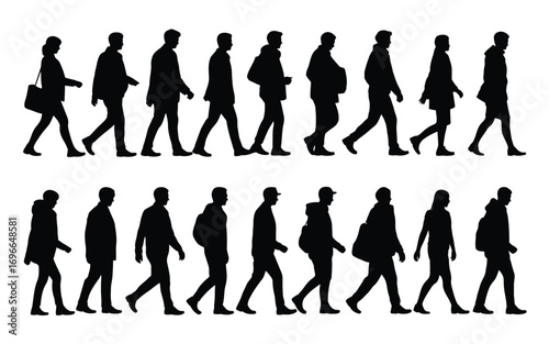 Vector art of silhouette of people walking set of black and white vector illustrations of men and women in various poses and outfits