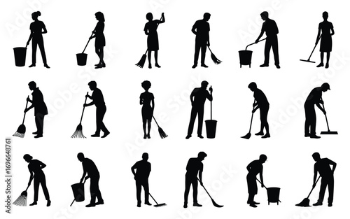 Vector art of collection of cleaning staff silhouettes in various poses, depicting people sweeping, mopping, and performing other cleaning tasks