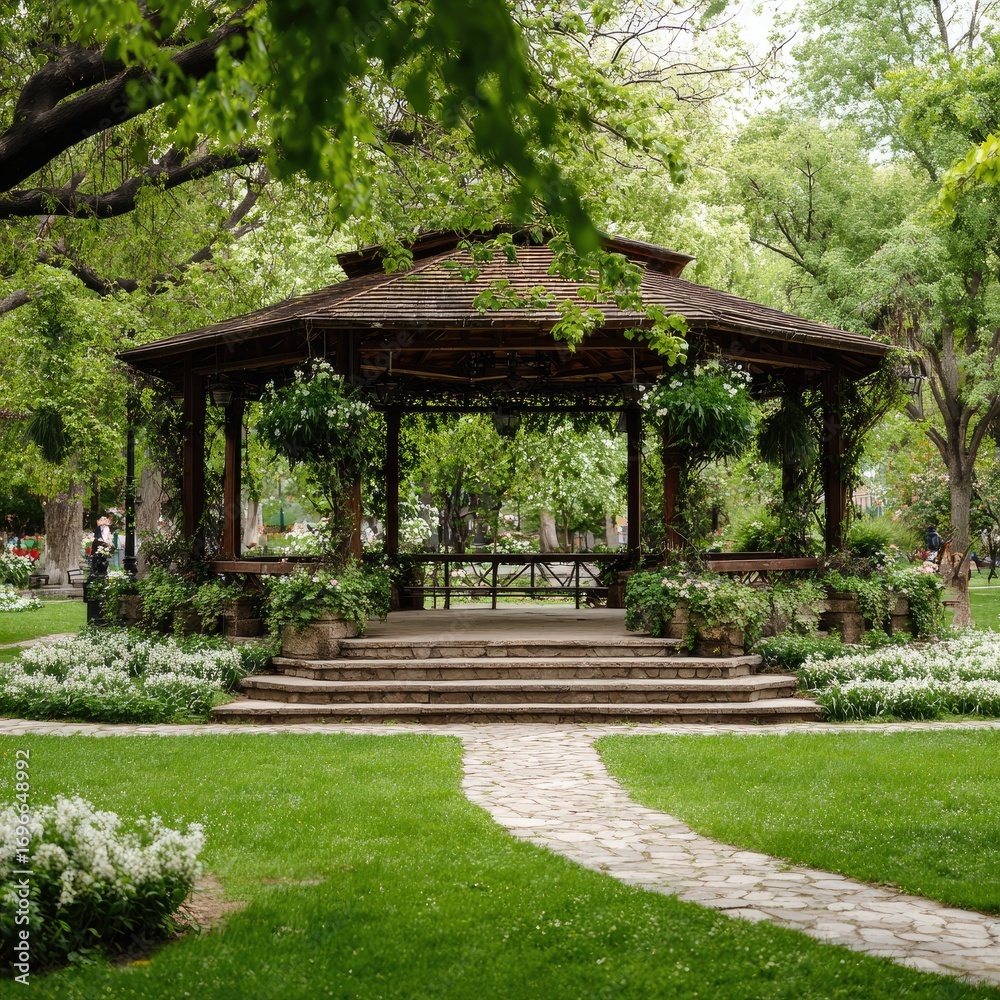 Obraz premium A charming wooden gazebo stands amidst lush greenery in a tranquil park setting, bathed in natural light.