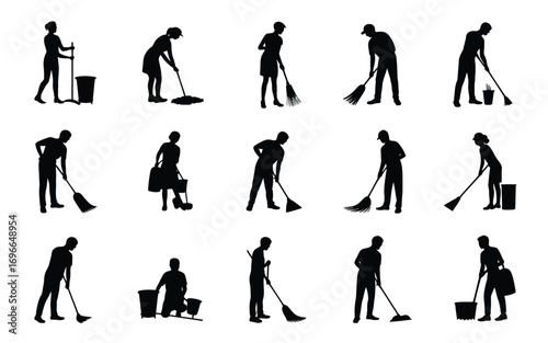 Vector art of collection of black silhouette cleaning worker icons set of janitor, sweeper and cleaner vector illustration