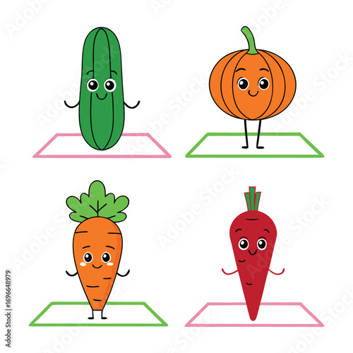 Cute Cartoon Vegetables Doing Yoga with Smiling Faces