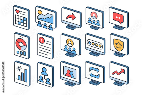 Social media analytics icon set, flat style. engagement, metrics visualization collection