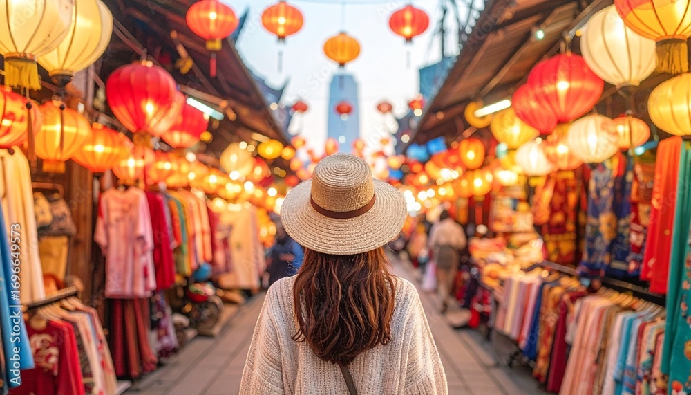 Obraz premium Woman in a hat exploring a vibrant chinese night market with traditional red lanterns