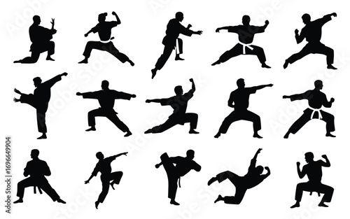 Vector art of silhouette of martial arts fighters collection of karate, taekwondo, kung fu fighters in different poses vector illustration of martial arts