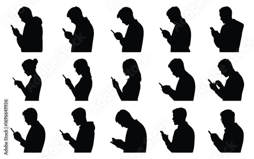 Vector art of silhouette of people using smartphone collection of man and woman looking at mobile phone vector illustration of people using cellphone