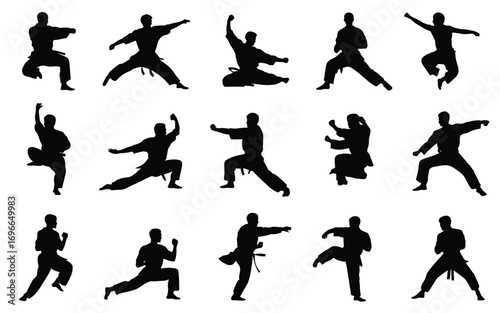 Vector art of silhouette of martial arts fighters collection of karate, taekwondo, kung fu fighters in different poses vector illustration of martial arts