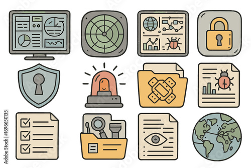 Cybersecurity, security flat icon set. digital protection symbols in flat style