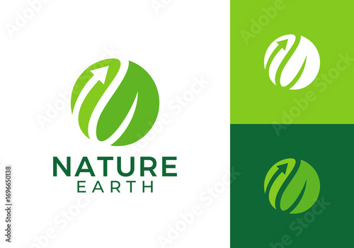 leaf with arrow logo. globe nature growth symbol icon design