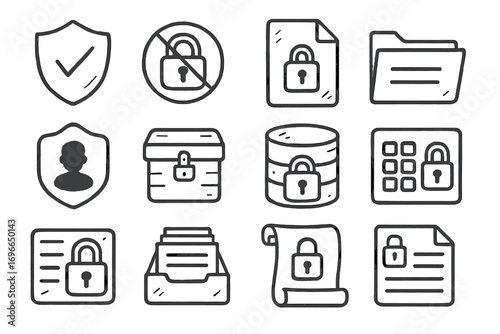 Security and data privacy icon set. secure shield and lock symbols flat collection