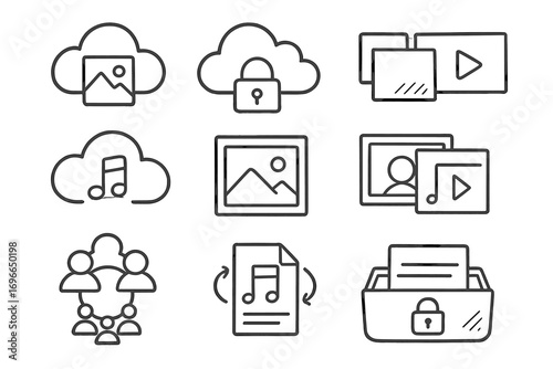 Cloud storage outline icon set. file, music, image, security icons outline collection
