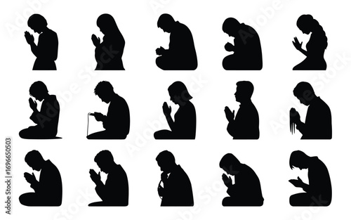 Vector art of silhouettes of people praying in a row, a serene composition showcasing faith, spirituality, and devotion